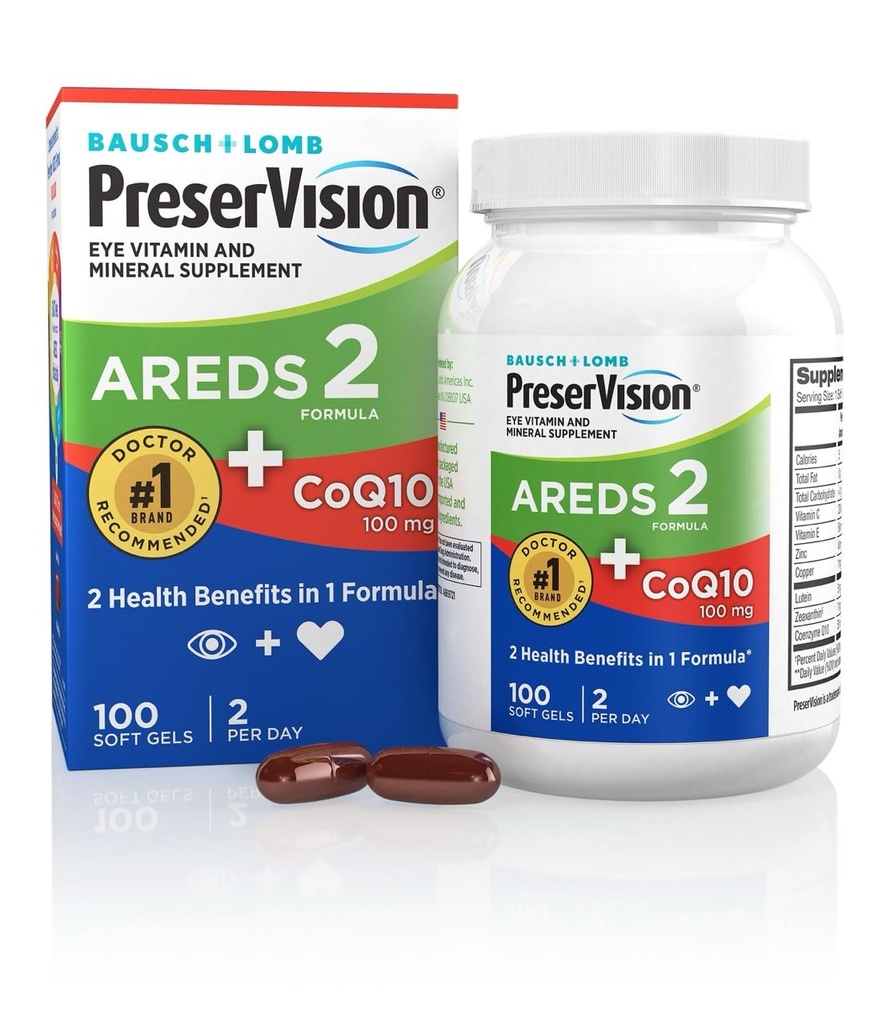 PreserVision AREDS 2 Eye Vitamin med CoQ10 for hjerte sundhed, # 1 Eye Doctor Anbefalet Mærke, Lutein og Zeaxanthin Supplement med C-vitamin & E, zink, og kobber, 100 Softgels