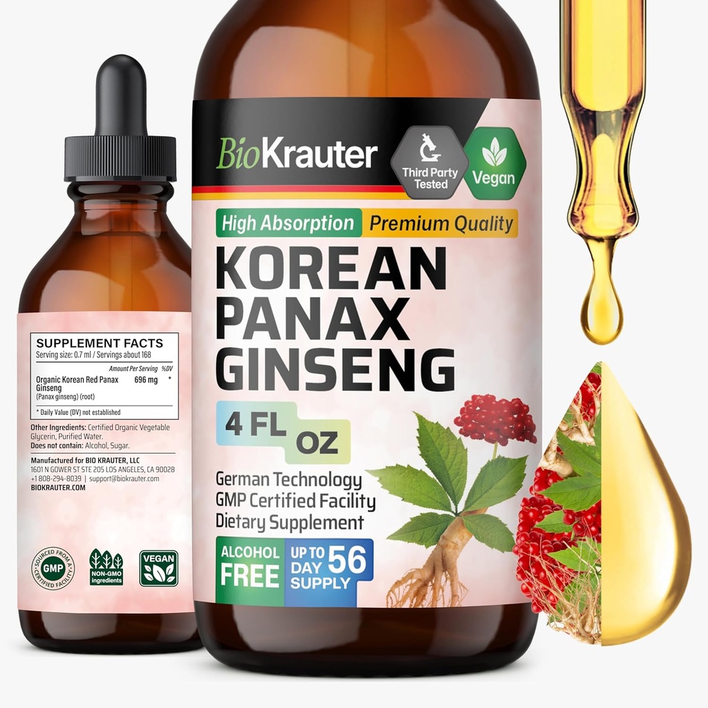 BIO KRAUTER Koreansk Rød Ginseng Uddrag Flydende - Alkohol & Sukker Free Panax Ginseng Supplement - Vegansk immunforsvar Supplement - 4 Fl. Oz.
