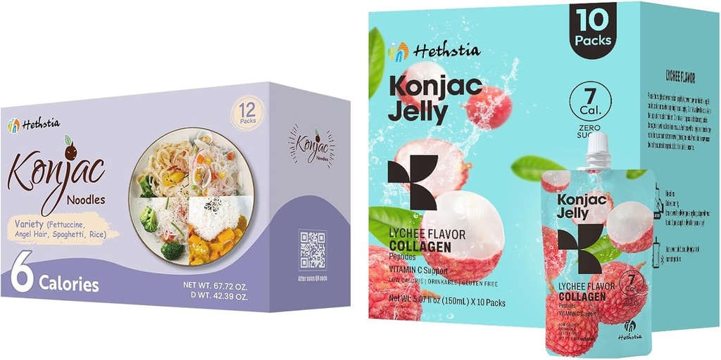 Hethstia Konjac Jelly Lychee Flavor med Collagen Peptider 10 Pakker og Konjac Noodles Variety Gluten Free 12 Pakker Lav kalorie, Keto, Sukker fri, Sund mad
