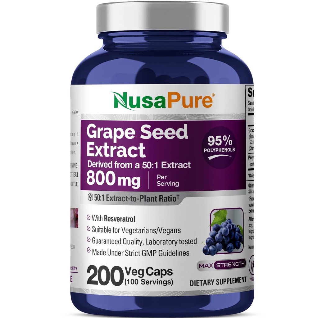 NusaPure Grape Seed Extract 40,000mg per Caps, 200 Vegan Kapsler, Standardized, Non- GMO, Gluten Free, Resveratrol