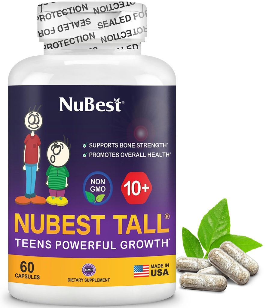 NuBest Tall 10 + Premium Bone Strength Formel, forbedret immunitet og samlet sundhed for alder 10 + med Calcium, vitamin D3, Vitamin K2, og Multivitaminer; 60 Kapsler 124; 1 Måned Supply