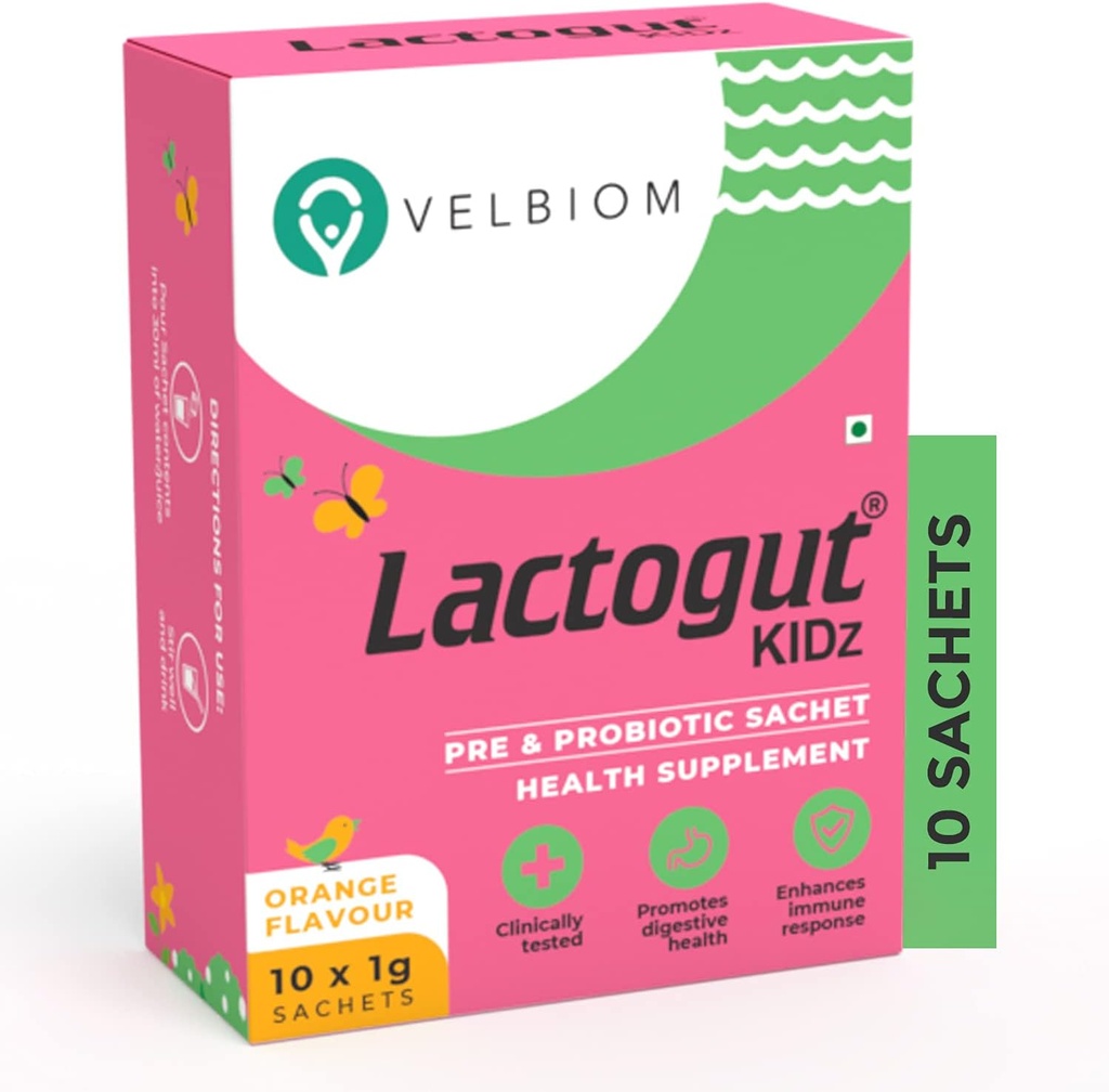 Lactogut Kidz Probiotika Pulver til børn Let at konsume Probiotika til børn Gut Sundhed, Samlet Wellness og Immunity Vegan Clinically Proven - 1Gx10 Sachets (Orange Flavour)