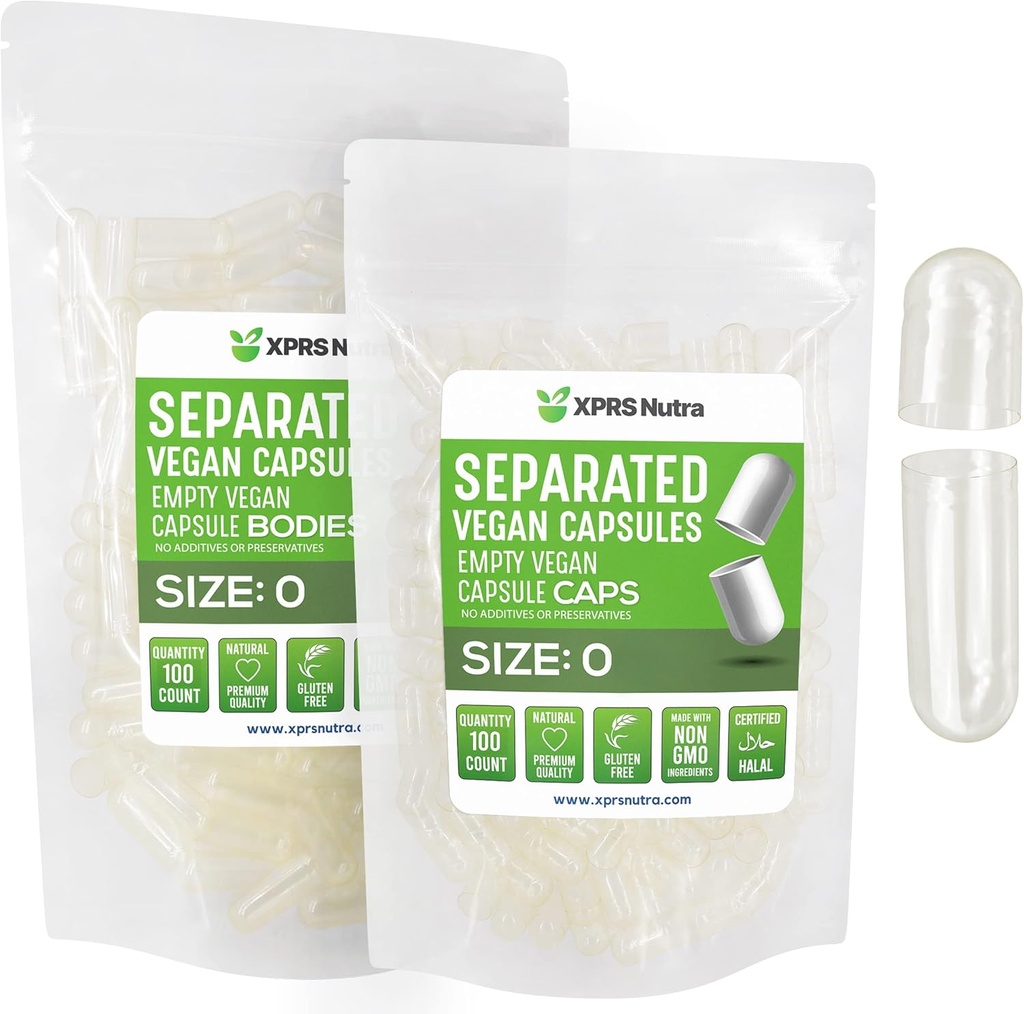 XPRS Nutra Vegan Størrelse 0 Separated Kapsler - 100 Grev klar Premium Tomme Kapsler Separeret i poser - Piller til DIY Supplement Fyldning
