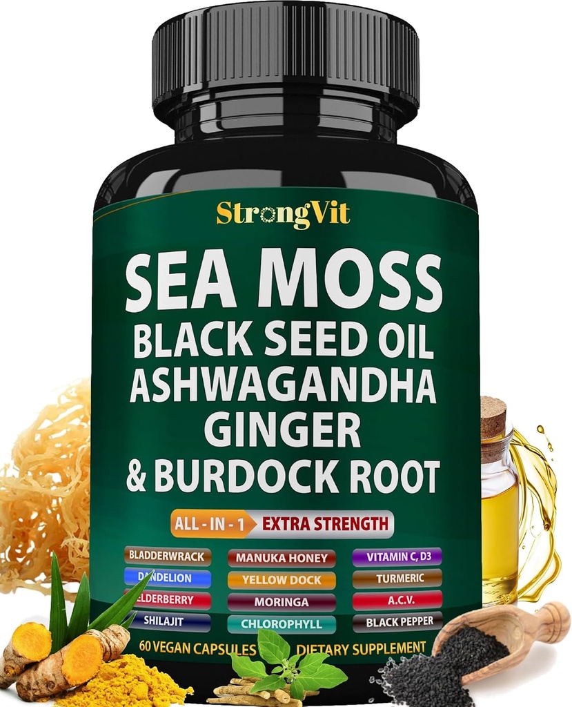 Sea Moss Black Seed Oil Ashwagandha Ginger, Organic Sea Moss Kapsler med Burdock Root, Irish Seamoss Pills med Bladerwrack, Advanced Multimineral Supplement, USA