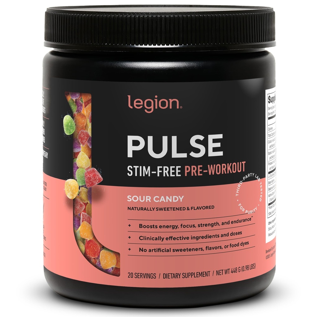 LEGION Pulse Pre Workout Supplement - Alle naturlige nitrogenoxid Preworkout Drink til Boost Energy, Kreatin Free, naturligt sødet, Beta Alanine, Citrulline, Alpha GPC (Koffein Free Sour Candy)
