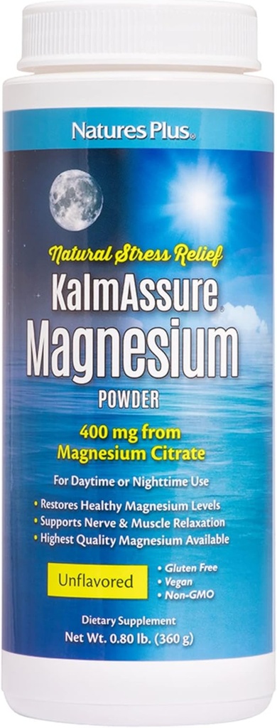 NaturePlus KalmAsure Magnesium Powder - 0,8 lb - Unflavored - Understøtter nerve og muskelafslapning - Non-GMO, Gluten Free, Vegan - 60 Serveringer