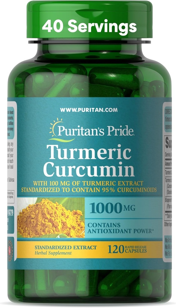 Puritan 's Pride Gurkemeje 1000mg, Standariseret til 95% Cucuminoider, Herbal Kosttilskud til antioxidant sundhed, 120 hurtige release kapsler
