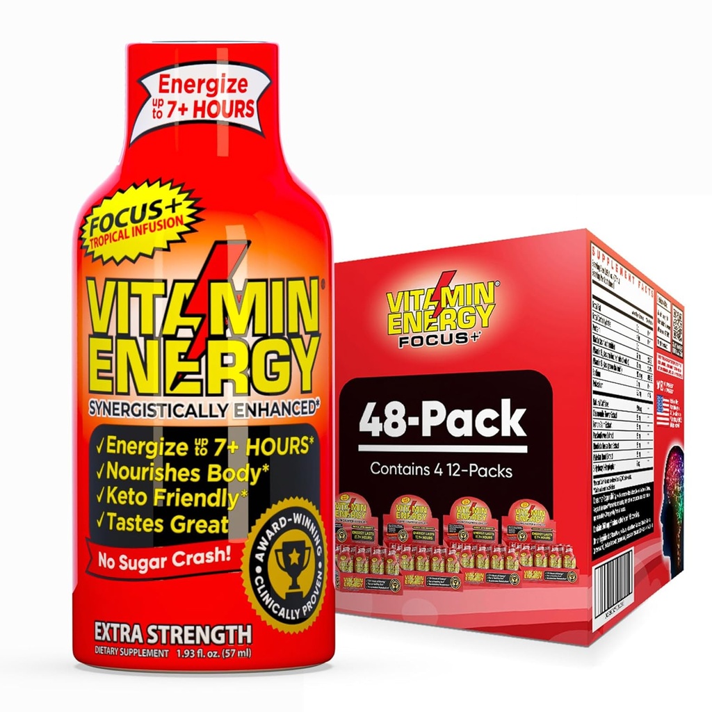 Vitamin Energy Focus + Extra Strength Energy Shot Tropical Infusion 48 Pack, 260mg Natural Coffein, B- Vitamin, CoQ10, Aminosyrer, Focus, Produktivitet & Klarhed, Zero Sugar, Gluten- Free, 1,93 fl oz
