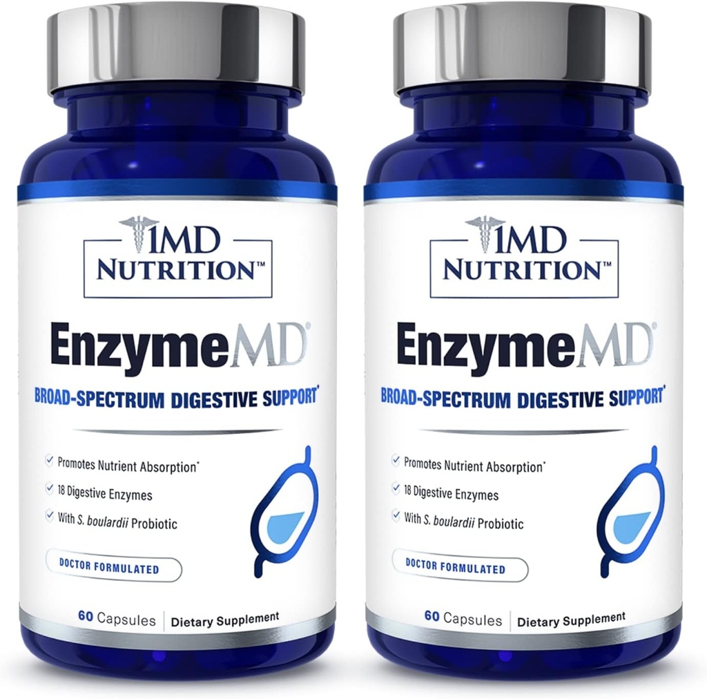1MD Nutrition EnzymMD - fordøjelsesenzymer supplement - Læge Formuleret • 124; 18 Plantebaserede enzymer - Gas & Bloating Support • 124; 120 Kapsler (2- Pack)