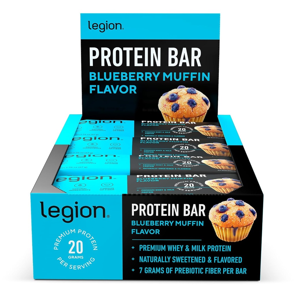 Legion Protein Bar Blueberry Muffin - 100% Whey Protein, Soy Free Protein Bars med Prebiotic Fiber - Lav fedt sund Protein Bar - Gluten Free, Naturlig Flavored, Low Sugar Protein Bars (12 Greve)