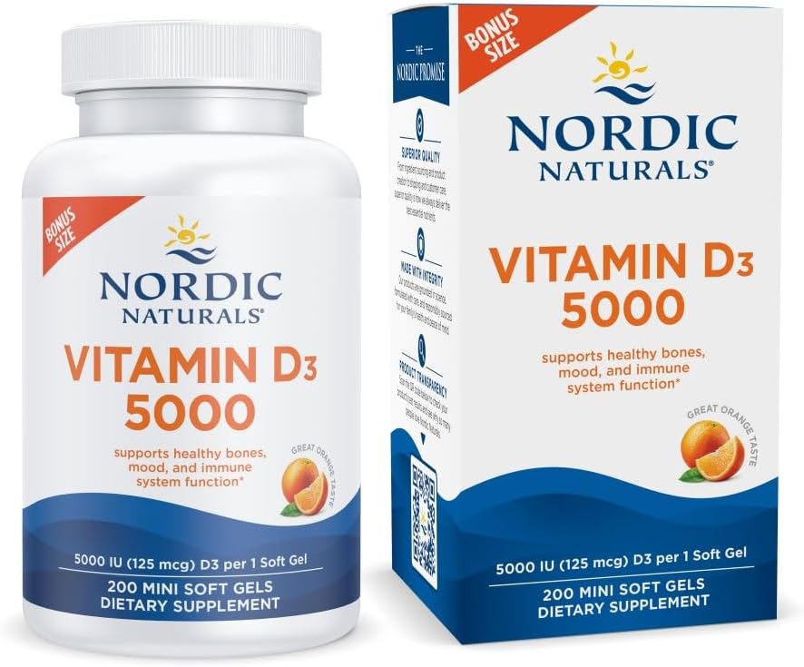 Nordic Naturals Vitamin D3 5000, Orange - 200 Mini Soft Gels - Støtte til sunde knogler, mad og immunsystem - Vegetarisk - Non- GMO - 200 Servere
