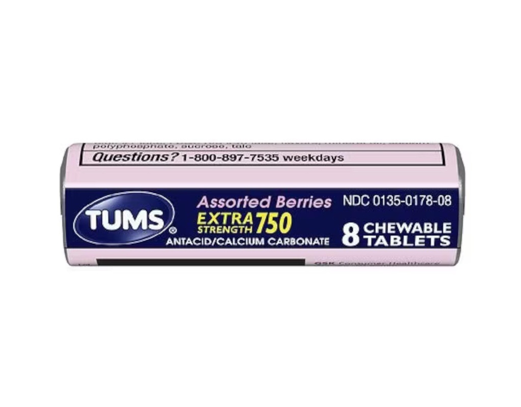 Tums Extra Strength 750 Antacida med Calcium Supplement Calcium Rich Assorted Berries Flavored - 24 lommestørrelser ruller af 8 tyggetabletter hver rulle (192 tyggetabletter i alt)