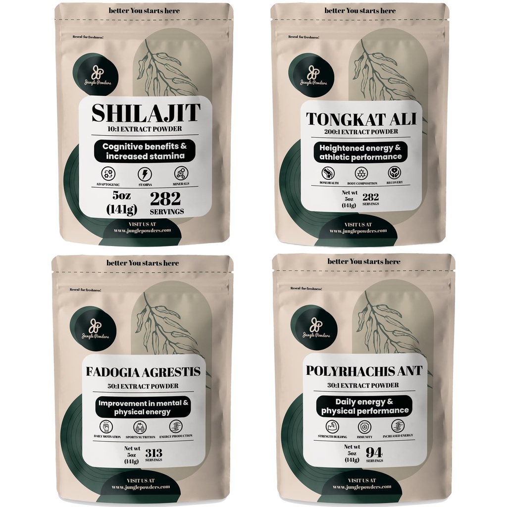 Jungle Powders Herbal Powders Bundle - Shilajit Powder, Tongkat Ali for mænd pulver, Black Ant Extract Powder, Fadogia Agrestis Extract for mænd supplement