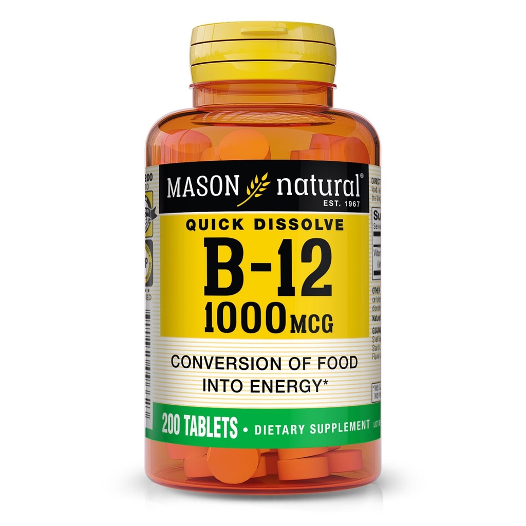 MASON NATURAL B12 1000 mcg Quick Opløs tabletter til sund omregning af fødevarer til energi, 200 dages forsyning