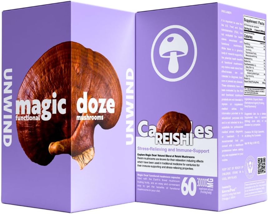 Magic Doze ™ Reishi Mushroom Supplement Kapsler - 60 Greve, Unwind, Urte Supplement, Stress Relief, Immunstøtte, Vegan, Organic Reishi Ingredient