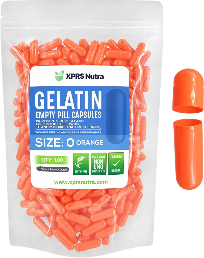 XPRS Nutra Størrelse 0 Tomme kapsler - 100 Tomme Gelatine kapsler - Piller til det selv Kapselfyld - Pure Bovin Pill Gel Caps til Do- It- Yourself Kosttilskud (Orange)