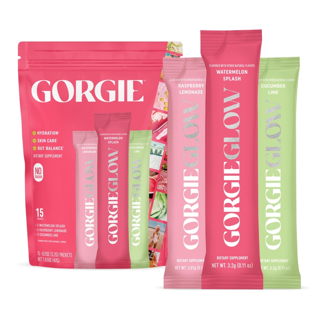 GORGIE Glow Variety Pack 15 sticks, elektrolyte pulver sund drik mix, w / Hyaluronsyre, Aquamin, Vitamin C & D, Probiotika, Ingen sukker, antioxidanter til hydrering, hudpleje, og Gut balance