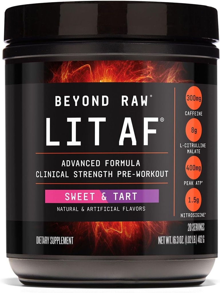 BEYOND RAW LIT Advanced Pre Workout Formel, Sweet og Tart, for Energi, Fokus, Endurance, Pumper, med 300mg hurtig og målrettet frigivelse Koffein, Creatin, betain, Beta Alanine, Taurine, 20 Servere