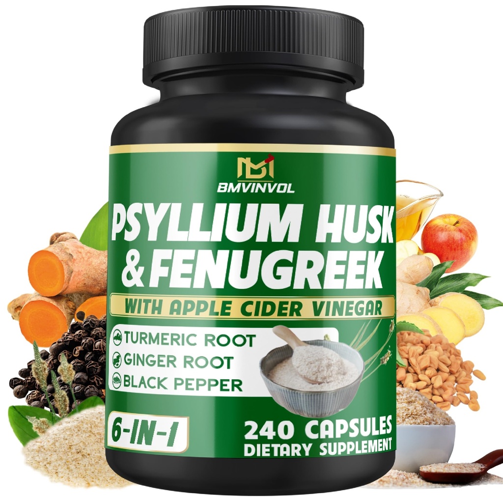 BMVINVOL Psyllium Husk Fiber tillæg med bukkehorn, Apple Cider Vinagre, gurkemeje, Ginger, Black Pepper- fordøjelse sundhed støtte - 240 kapsler