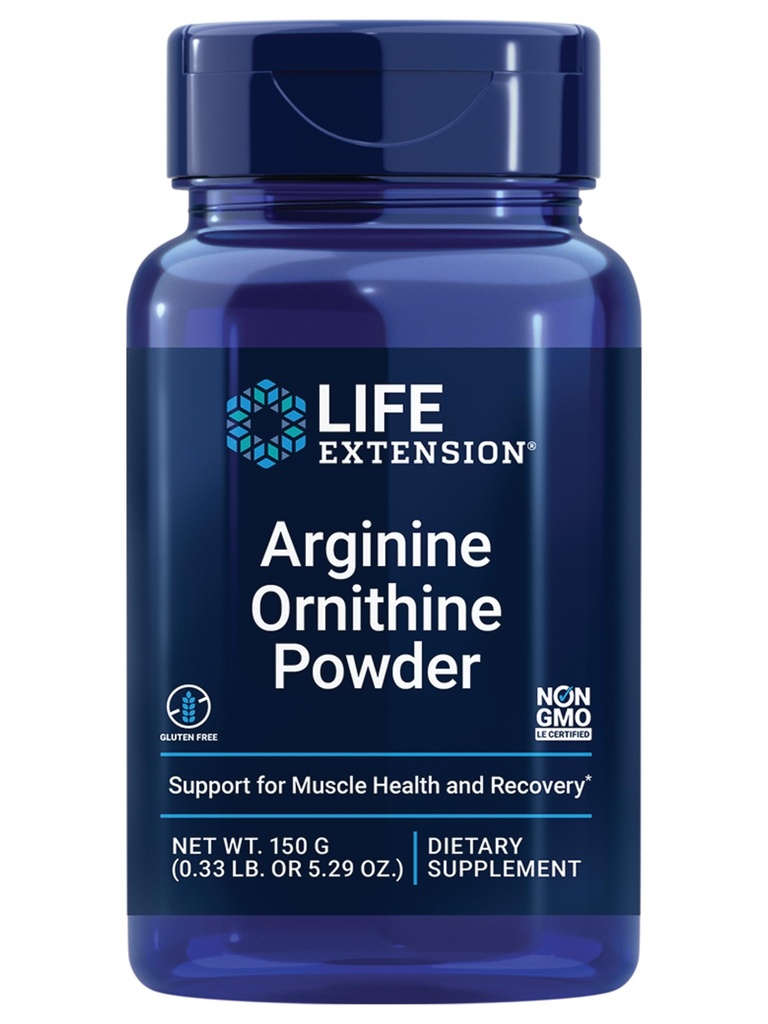 Life Extension Arginin Ornithine Powder, fremmer Muscle Health & Recovery, Gluten Free, Non- GMO, netto Vægt 150 Bedste