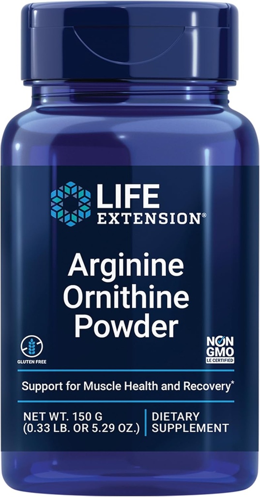 Life Extension Arginin Ornithine Powder, fremmer Muscle Health & Recovery, Gluten Free, Non- GMO, netto Vægt 150 Bedste