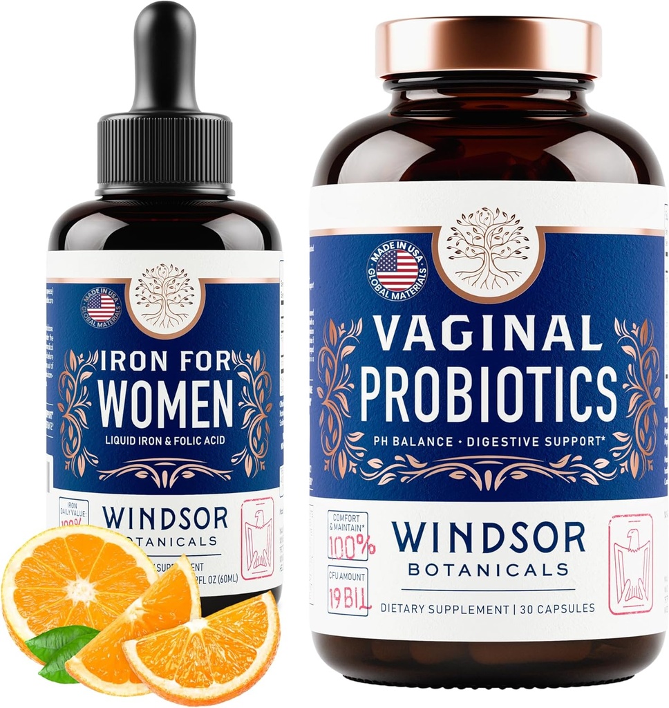 WINDSOR BOTANICALS Vaginal Probiotika og flydende jern supplement Kvindelig sundhedsstøtte Bundle