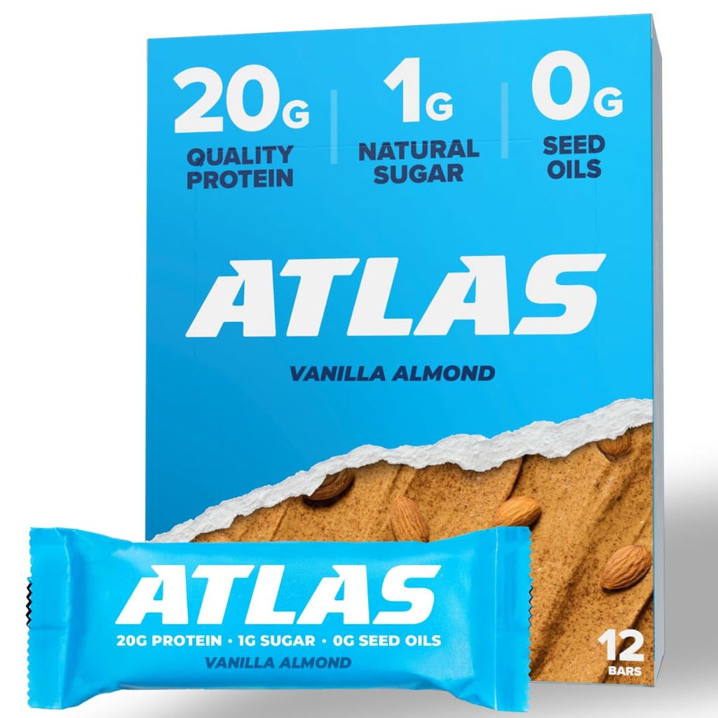 Atlas Protein Bar, 20g Protein, 1g Sugar, Clean Ingredients, Gluten Free, Vanilla Almond (12 greve, pakke med 1)