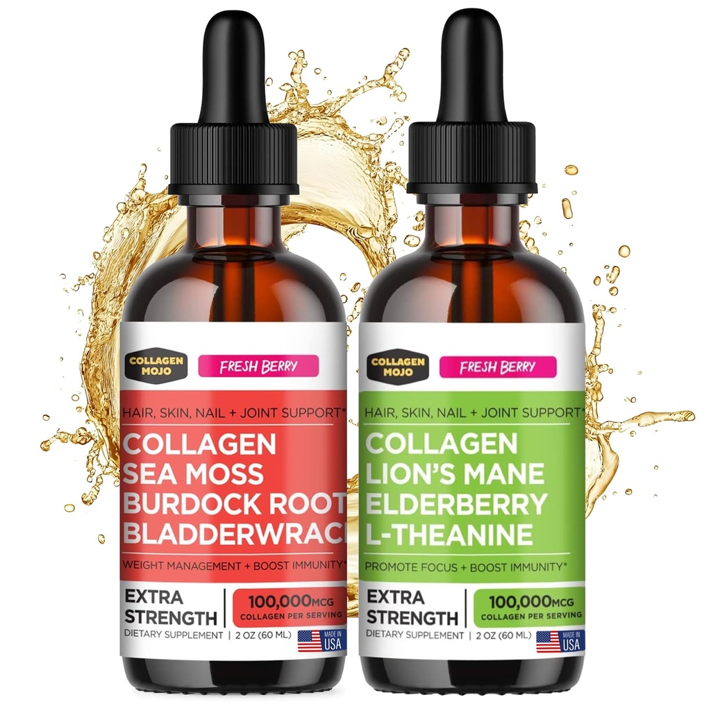 Collagen Mojo Liquid Collagen Peptider med Sea Moss, Burdock Root & Bladerwrack + Liquid Collagen Peptider med Lions Mane Mushroom, Elderberry & L- Theanine