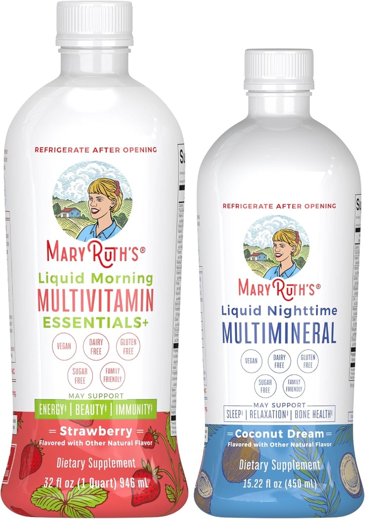 MaryRuth 's Liquid Morning Multivitamin (Strawberry) & Liquid Nighttime Multimineral (Coconut, 15oz) - 124; Clean Label Project Verified ® - 124; Vegansk Vitamin til Energi, Sengetid Rutine, & Samlet sundhed