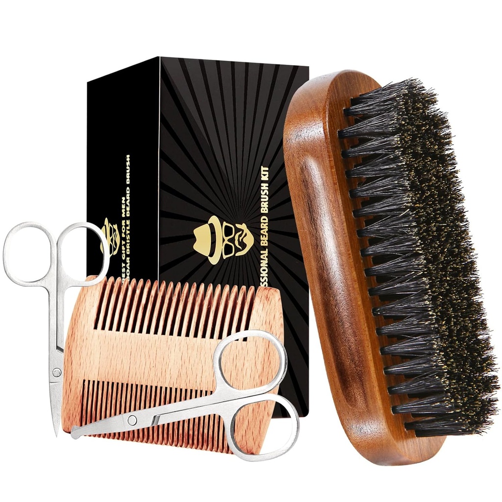 Beard børste til mænd, vildsvin Brittle Black Walnut Wood Beards og Mustache Grooming sæt herunder Pure vildsvin Brittle Beard Brush, Beard Comb, Mustache Saks, og Travel Bag