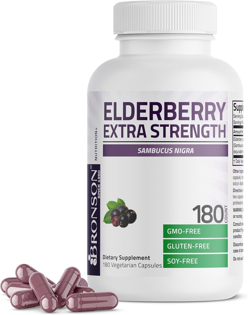 Bronson Elderberry Extra Strength, understøtter sundt immunsystem & antioxidant beskyttelse, ikke GMO, 180 vegetariske kapsler