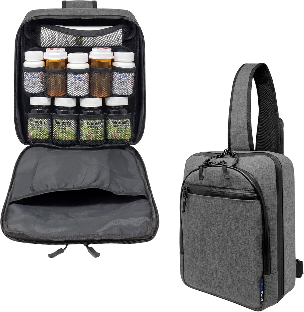 Cross- Krops- Gratis Modular Pill flaske Organizer, Medicine Bag, Case, Carrier for Medicin, Vitaminer, og medicinske forsyninger - Heather Gray (uden lås)