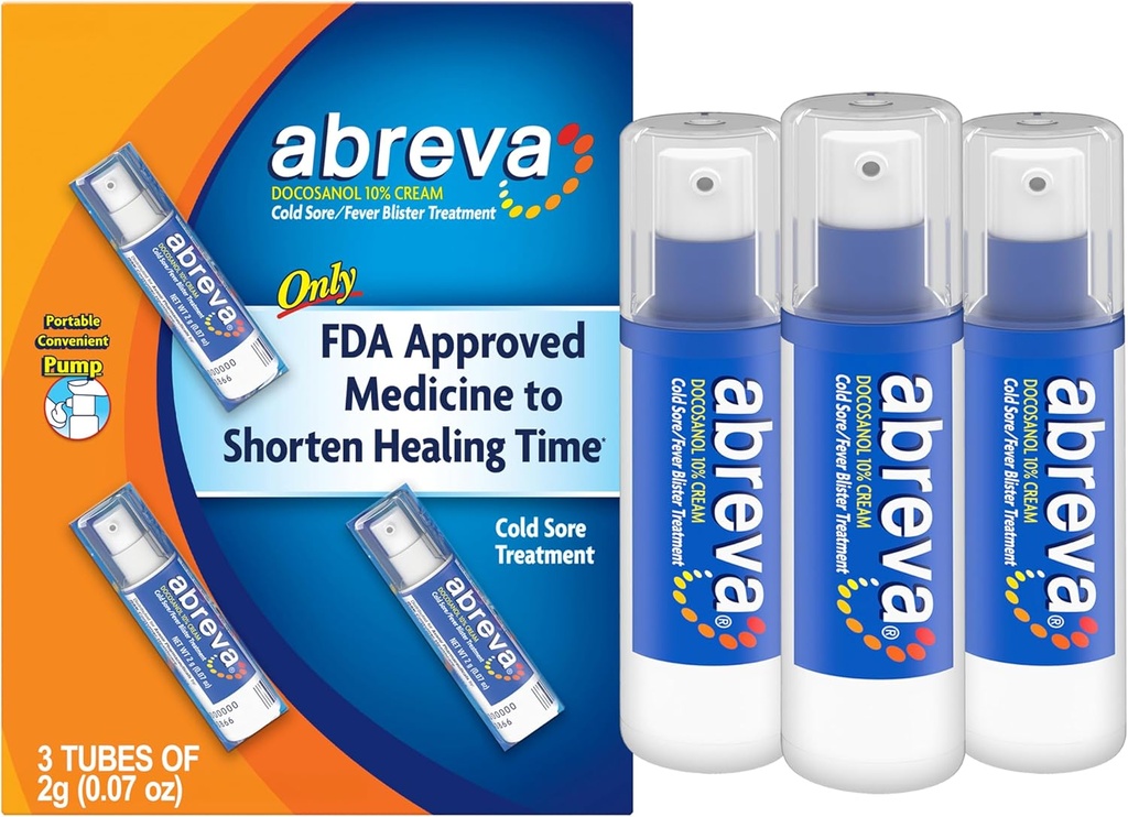 Abreva Docosanol 10% Cream Cold Sore Treatment, Fever Blister og Cold Sore Cream - 0,07 Oz Pump Flaske x 3