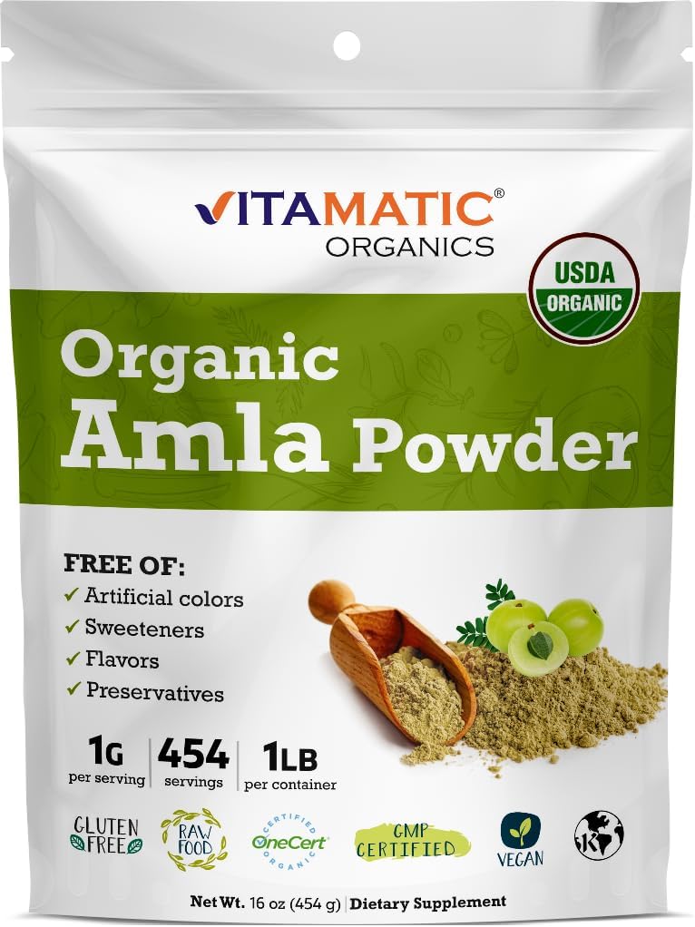 Vitamatic Certified USDA Organic Amla Berry Powder - 1 LB (16 oz) Amalaki Note 124; Rich in Natural Vitamin C & Antioxidants