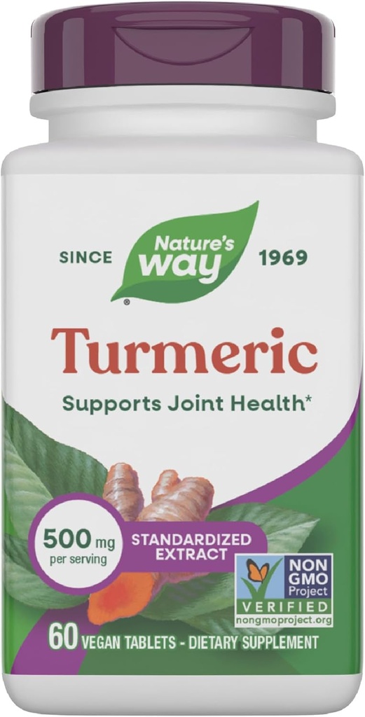 Nature's Way Turmeric, Premium Extract, Supports Joint Health*, Standardized to 95% Curcuminoids, 500 mg Serving, Non-GMO Project Verified Supplements, 60 Tablets (Packaging May Vary)
