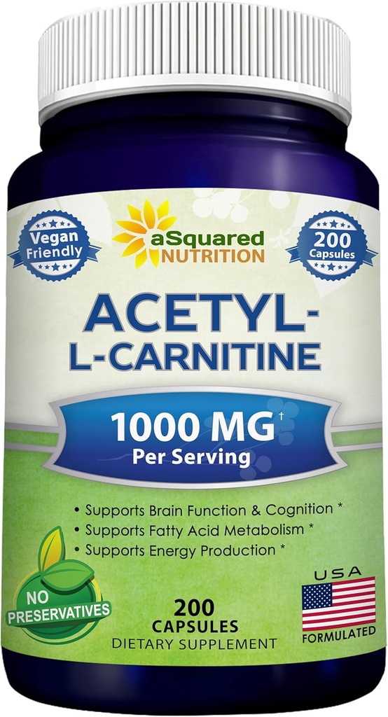 aSquared Nutrition Acetyl L- Carnitin 1000mg Max Strength - 200 Veggie Kapsler - Høj dosering Acetyl L Carnitin HCL (ALICAR) Supplement piller til støtte ren energi, hjerne funktion & fedtsyrer