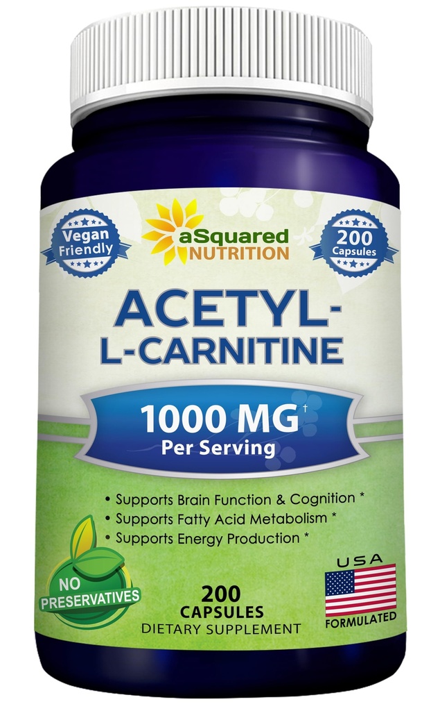 aSquared Nutrition Acetyl L- Carnitin 1000mg Max Strength - 200 Veggie Kapsler - Høj dosering Acetyl L Carnitin HCL (ALICAR) Supplement piller til støtte ren energi, hjerne funktion & fedtsyrer