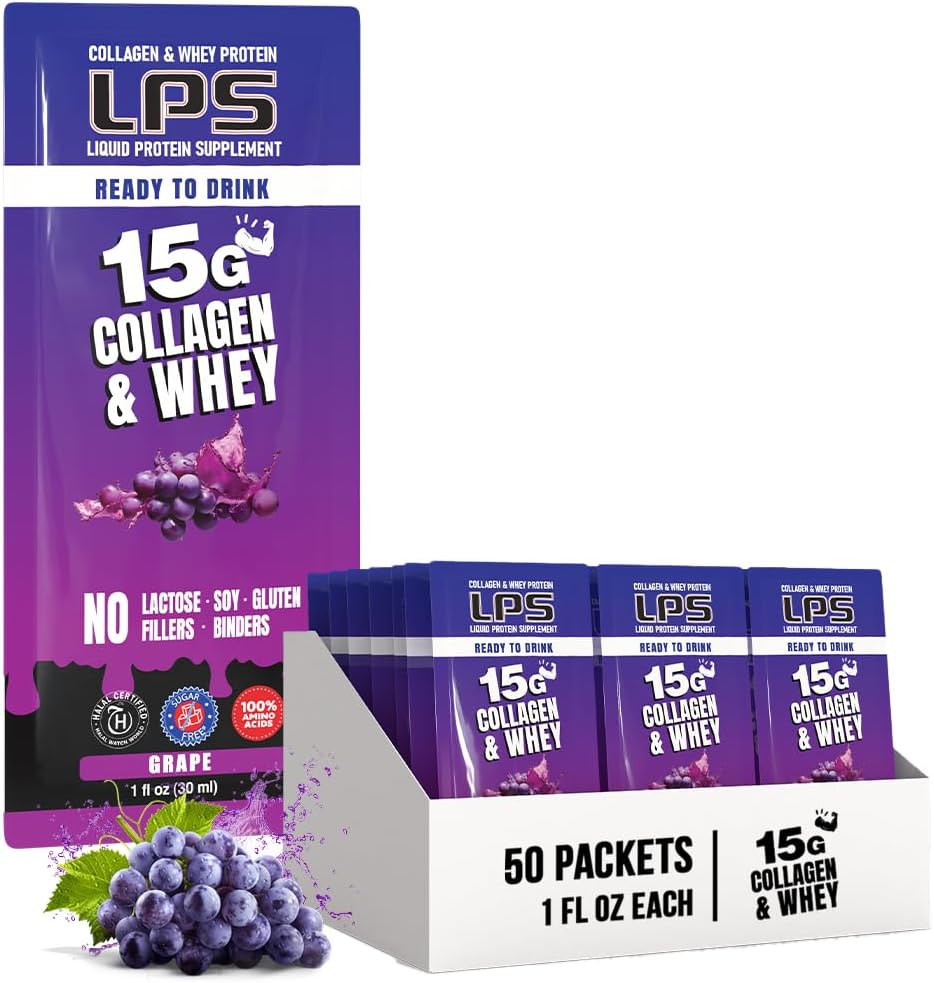 Ernæringsmæssige designs LPS Flydende Collagen & Whey Protein Supplement - Non-GMO drik, sukkerfri - fremmer sund hud & hår til mænd & kvinder, Grape, Single Serve (50 Pakker)