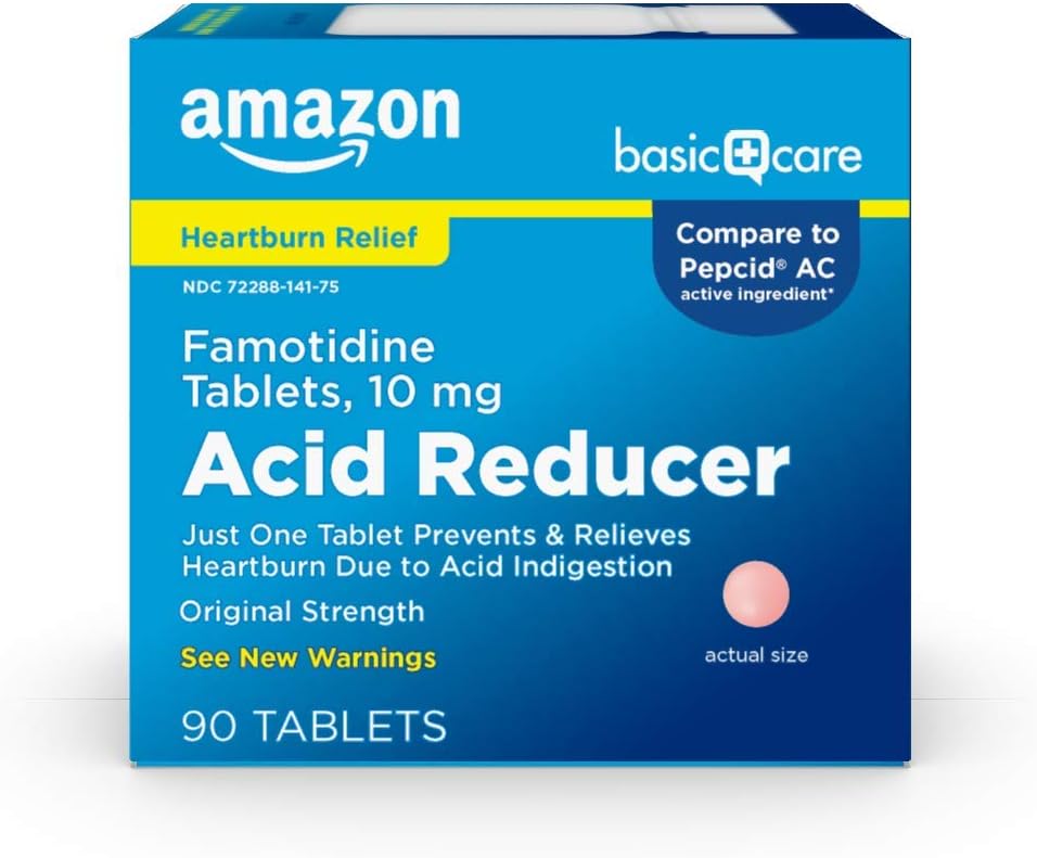 Basic Care Original Strength Famotidine Tablets, 10 mg, Acid Reducer, Heartburn Medicin, Acid fordøjelsesbesvær Relief, 90 Greve