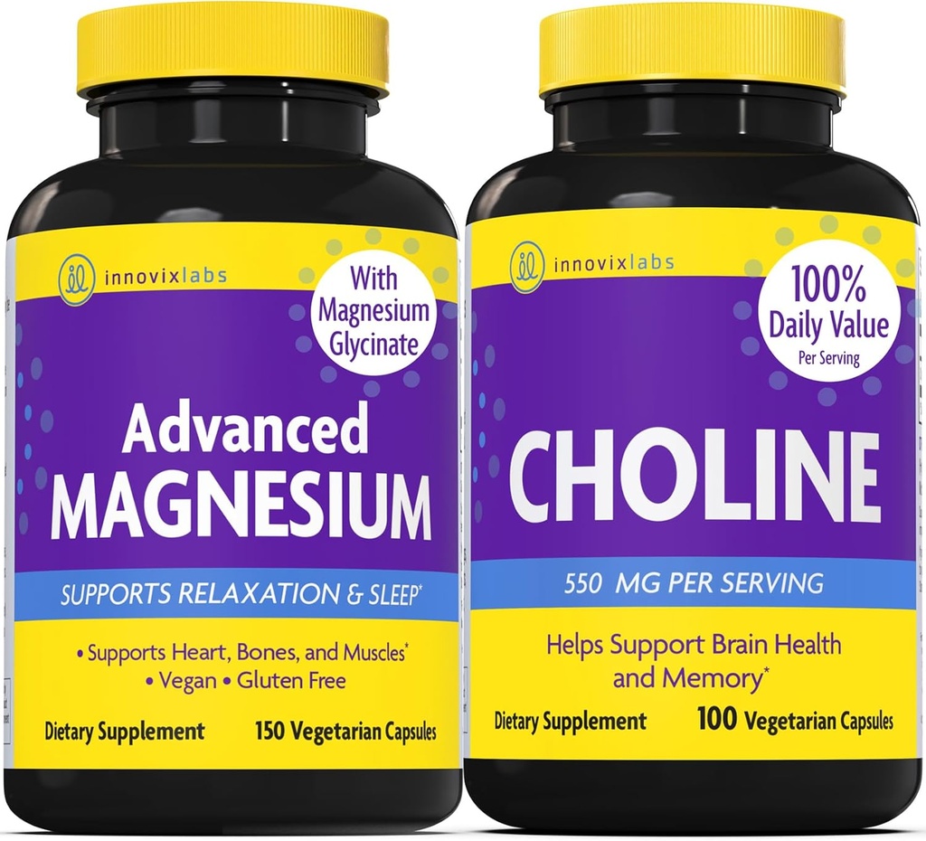 InnovixLabs Cholin & Magnesium Bundle Cholin Bitartrate 550mg (100 kapsler) Advanced Magnesium (150 kapsler). Understøtter hukommelse, mood, hjerne sundhed & boost kognitiv. *