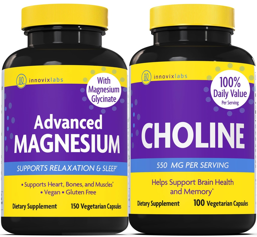 InnovixLabs Cholin & Magnesium Bundle Cholin Bitartrate 550mg (100 kapsler) Advanced Magnesium (150 kapsler). Understøtter hukommelse, mood, hjerne sundhed & boost kognitiv. *