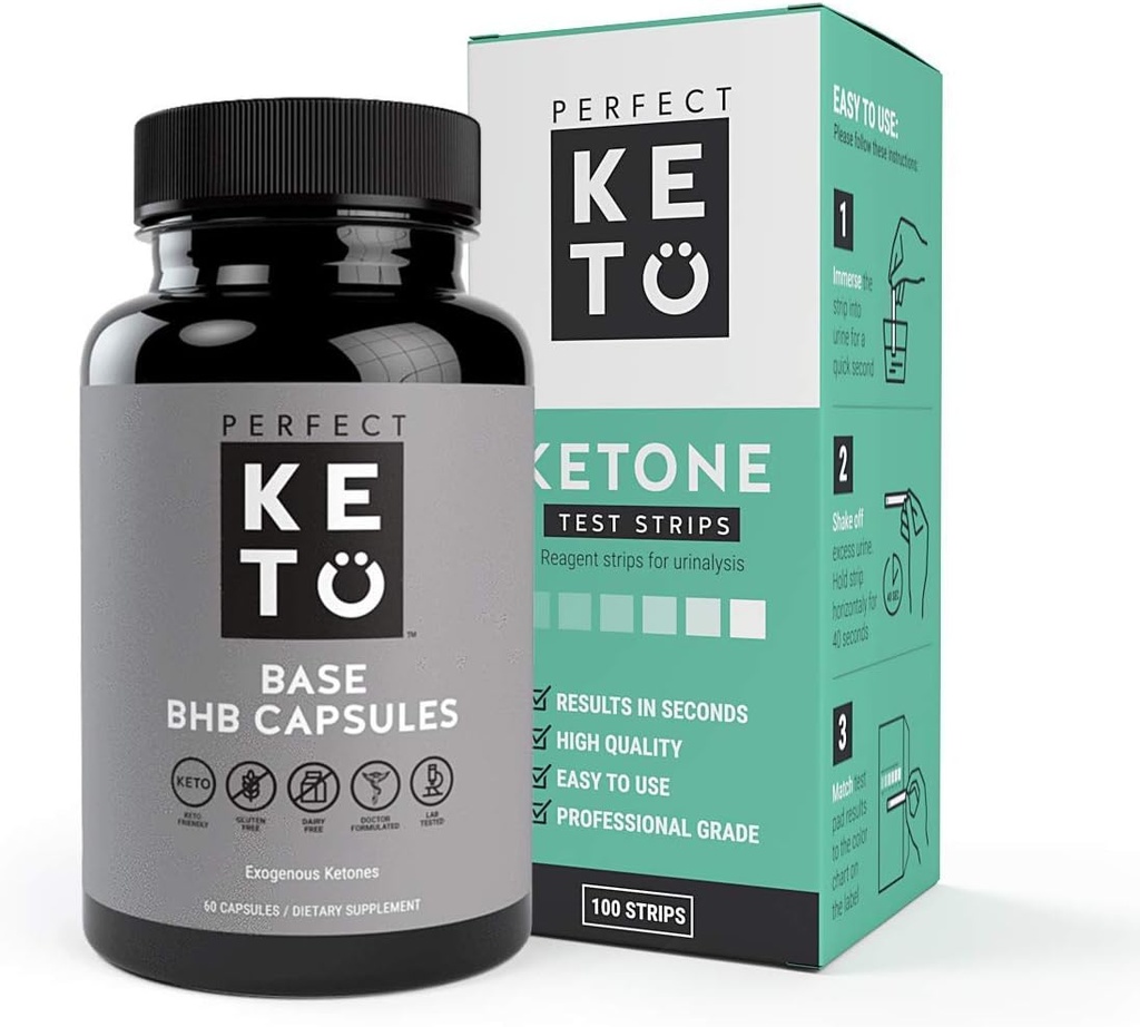 Perfekt Keto eksogene Ketoner Base BHB tillæg (60 kapsler) - Ketogen kost Support Weight Management, Energy & Focus - Ketose Beta- Hydroxybutyrat med (100 stk) Keto Strips Bundle