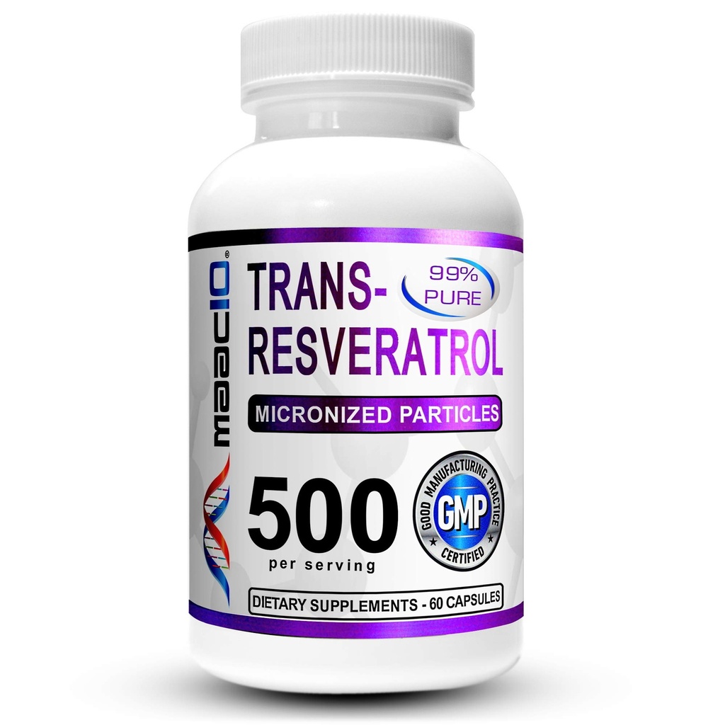 MAAC10 Trans Resveratrol 500 mg tillæg (Mikroniseret Pharmaceutical Grade 99% Pure Trans- Resveratrol Extract + BioPerine for Superior Absorption) (2X 250 mg kapsler 60ct)