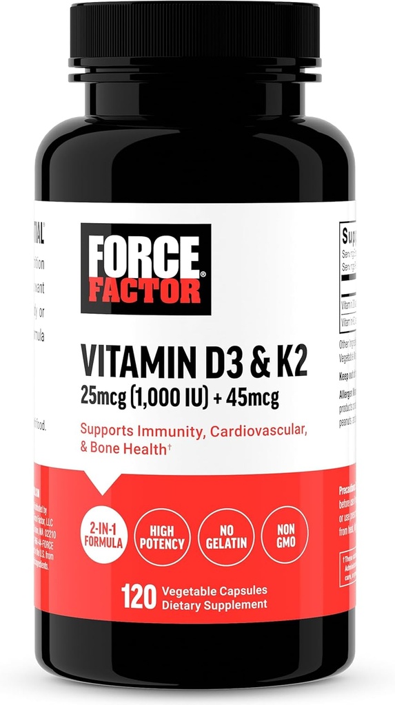 FORCE FACTOR Vitamin D3 K2 til støtte Immunitet, hjerte sundhed, ben støtte, og mere, High- Potency 2- in-1 Formel, Vegan, Ingen Gelatine, Non- GMO, 120 kapsler
