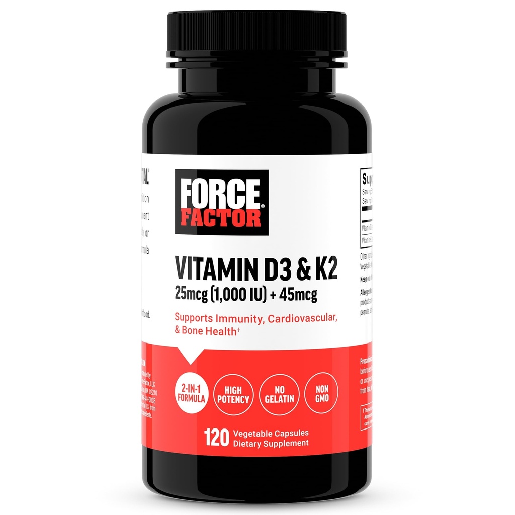 FORCE FACTOR Vitamin D3 K2 til støtte Immunitet, hjerte sundhed, ben støtte, og mere, High- Potency 2- in-1 Formel, Vegan, Ingen Gelatine, Non- GMO, 120 kapsler