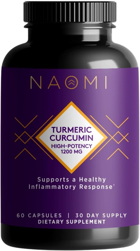 NAOMI Gurkemeje Høj- potens 1,200 mg, 95% Curcuminoider & BioPerine Black Pepper Extract til Boost Absorption op til 2000%, Extra- Strength Joint, Muscle, Brain Support, 60 Caps, 30- Day Supply