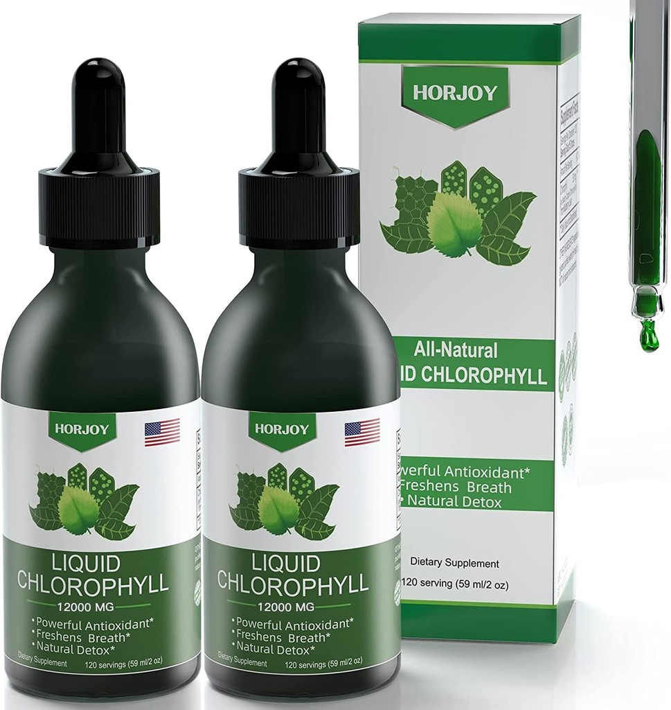Chlorophyll Liquid Drops - 100% Natural Energy Booster og immunforsvar - Intern Deodorant og Detox - Højde Sygdom Relief - Fast Absorption, Vegan & Non- GMO - 120 Servere (Pack of 2)