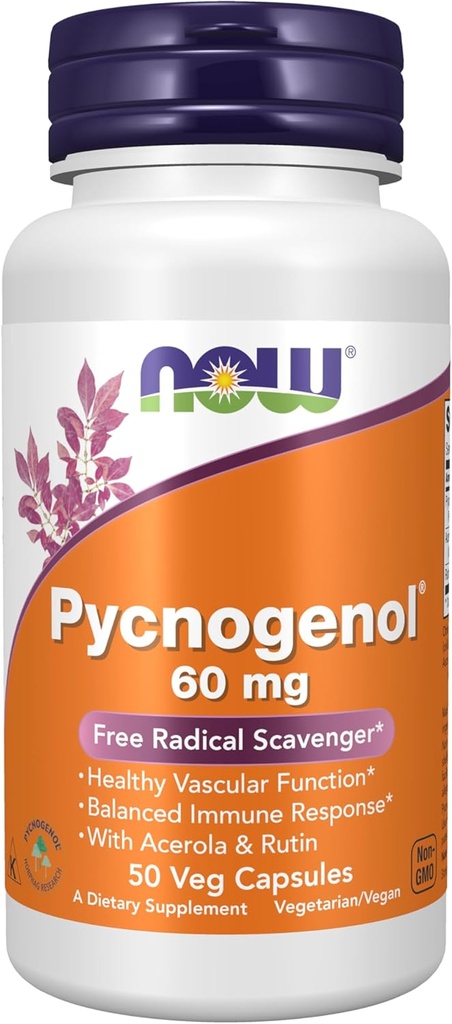 NOW Foods Supplements, Pycnogenol 60 mg (a Unique Combo of Proanthocyanidins from French Maritime Pine) with Acerola & Rutin Powder, 50 Veg Capsules