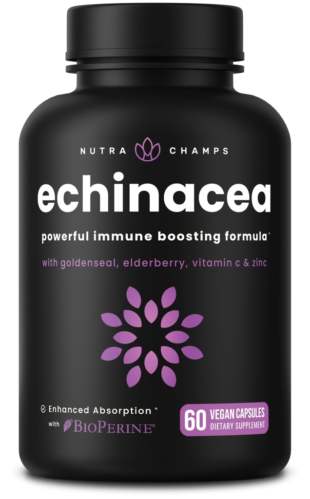 NutraChamps Echinacea Capsules 1000mg - 8-1- immunsupport - Echinacea Goldenseal, C-vitamin, zink, ingefær, hyldebær - 60 kapsler