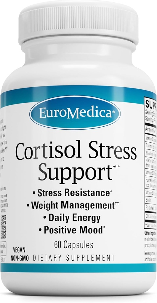 EuroMedica Cortisol Stress Support - Daily Energy Supplement med DHEA - Veganske kapsler med vitamin B2 & C - Kosttilskud til immunsystemet Support - 60 kapsler